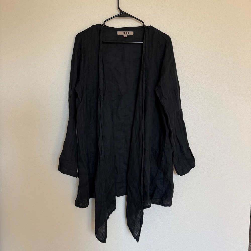 FLAX Black 100% Linen Open Front Draped Cardigan Handkerchief Hem Sustainable